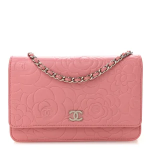 Chanel Lambskin Camellia Embossed Wallet on Chain WOC Pink