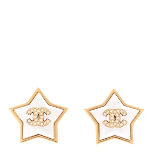 Chanel Pearl Crystal CC Star Earrings Gold