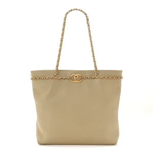 Chanel Calfskin Stitched Small Shopping Tote Dark Beige