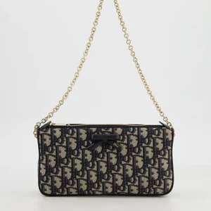 Christian Dior Oblique Bow Pouch with Chain in Blue Oblique Jacquard