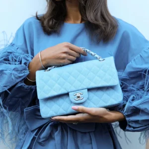 Chanel 25C Medium Double Flap Bag in Light Blue Denim with Brushed Silver Hardware