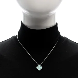 Van Cleef & Arpels 18K White Gold Diamond Celadon Green Sevres Porcelain Vintage Alhambra Pendant Necklace