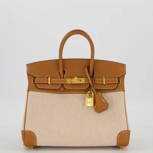 Hermès Birkin 25 Retourne Bag in Ecru/Beige Toile H Canvas and Gold Swift Leather with Gold Hardware