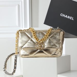 Chanel 19 Metallic Leather Shoulder Bag Gold 26cm AS1160 B05457 NC293