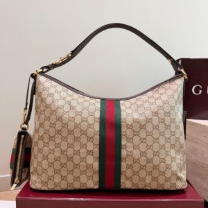 Gucci Large Shoulder Bag With Web GG Canvas Sand And Dark Brown 39cm A008NS FAGK6 8547